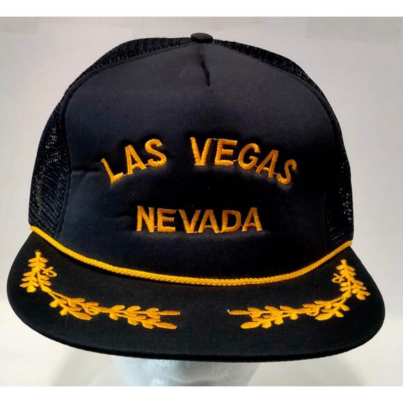 Vintage Las Vegas Snapback Hat Black Gold Mesh Trucker Cap Roped Made In Taiwan - Picture 1 of 7